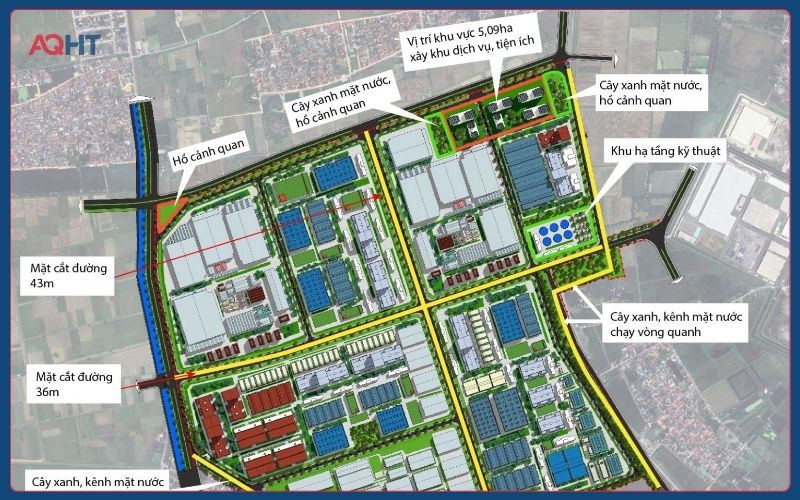 Bản đồ quy hoạch KCN thể hiện ranh giới giao thông và các khu chức năng