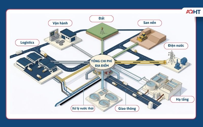 Tổng chi phí lựa chọn địa điểm đầu tư nhà máy gồm đất hạ tầng logistics và vận hành